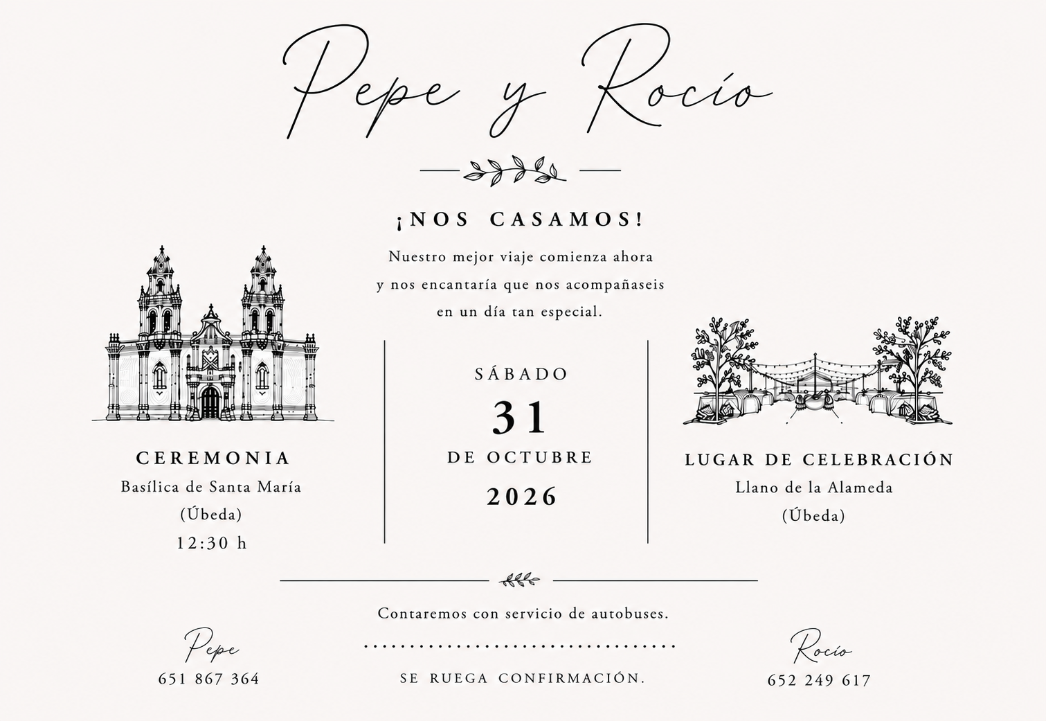 Invitación original de Pepe y Rocío. Sábado 31 de octubre de 2026. Ceremonia a las 12:30 h en la Basílica de Santa María de Úbeda y celebración en Llano de la Alameda.